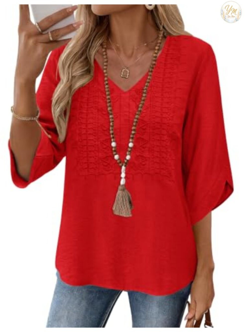 Womens 3/4 Sleeve Embroidered Lace Blouse Boho V-Neck Loose Fit Summer Top